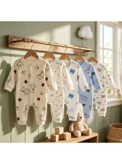Erkek Bebek 5’li Tulum Set Pamuk Ayıcıklı Desenli