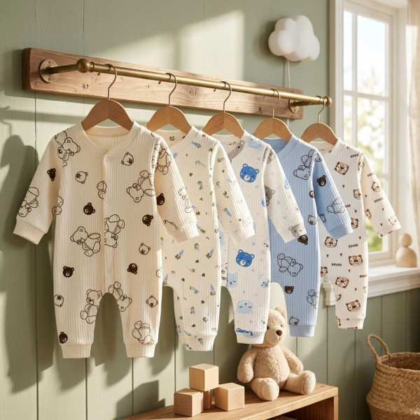 Erkek Bebek 5’li Tulum Set Pamuk Ayıcıklı Desenli
