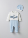 Pamuş 0-3-6 Ay Hello Nakışlı Penye Erkek Bebek Tulum Mavi