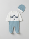 Pamuş 0-3-6 Ay Hello Nakışlı Penye Erkek Bebek Tulum Okyanus