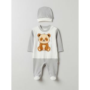 Pamuş 0-3-6 Ay Panda Penye Erkek Bebek  Tulum Gri