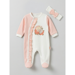 Pamuş 0-3-6 Ay Uyuyan Ayıcık Penye Kız Bebek Tulum Somon