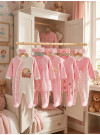 Pamuş Baby Kız Bebek 5’li %100 Pamuk Tulum Seti – Fiyonk & Dantel Detaylı 0-9 Ay Pembe